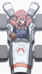 Rule 34 | 1boy, arms behind head, banel springer, blouse, blue eyes, blue overalls, brown footwear, brown hair, closed mouth, crossed legs, facial hair, formula racer, from above, full body, highres, long sleeves, looking at viewer, male focus, mario, mario (series), mario kart, mario kart 8, mario kart ds, mustache, nintendo, overalls, racecar, red headwear, red shirt, shirt, short hair, smile, smug, solo, vehicle focus