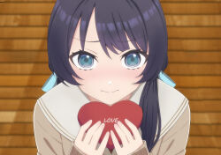 Rule 34 | 1girl, blue eyes, blue hair, box, brown cardigan, cardigan, closed mouth, commentary, english commentary, gift, heart-shaped box, highres, holding, holding gift, link! like! love live!, long hair, long sleeves, looking at viewer, love live!, mixed-language commentary, mole, mole on neck, murano sayaka, sailor collar, sidelocks, solo, swept bangs, tera dash, twintails, upper body, v-shaped eyebrows, white sailor collar