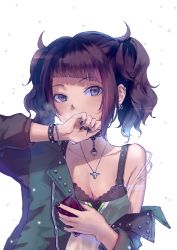 Rule 34 | 1girl, bad id, bad pixiv id, bare shoulders, black bra, black choker, black hair, black nails, blunt bangs, bra, breasts, cellphone, choker, cleavage, collarbone, covering own mouth, diagonal bangs, ear piercing, earrings, green jacket, hand up, head tilt, holding, holding phone, idolmaster, idolmaster shiny colors, jacket, jewelry, long hair, looking at viewer, medium breasts, multicolored hair, nail polish, necklace, off shoulder, open clothes, open jacket, phone, piercing, purple hair, roki (0214278), shirt, sidelocks, simple background, sleeveless, sleeveless shirt, smartphone, solo, strap slip, streaked hair, tanaka mamimi, twintails, underwear, upper body, wavy hair, white background, wing collar