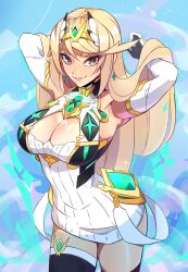 Rule 34 | 1girl, bare shoulders, blonde hair, breasts, chest jewel, cleavage, dress, earrings, elbow gloves, gloves, headpiece, highres, jewelry, large breasts, long hair, looking at viewer, mythra (xenoblade), pimozzarella, swept bangs, thick eyebrows, tiara, very long hair, xenoblade chronicles (series), xenoblade chronicles 2, yellow eyes