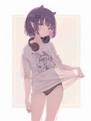 Rule 34 | 1girl, :&lt;, absurdres, animal ears, black panties, blue eyes, clothes pull, cropped legs, hair ornament, headphones, highres, hololive, hololive english, light blush, looking at viewer, medium hair, midori xu, mole, mole under eye, ninomae ina&#039;nis, ninomae ina&#039;nis (loungewear), official alternate costume, official alternate hairstyle, panties, pointy ears, purple hair, see-through, see-through silhouette, shirt, shirt pull, simple background, standing, t-shirt, underwear, virtual youtuber, white shirt