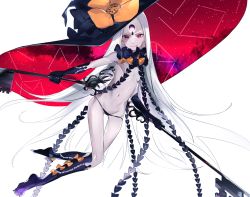 Rule 34 | 1girl, abigail williams (fate), abigail williams (third ascension) (fate), aonogura, barefoot, black bow, black gloves, black hat, black panties, bow, fate/grand order, fate (series), gloves, hat, highres, holding, key, keyhole, large hat, long hair, looking at viewer, multiple bows, navel, orange bow, pale skin, panties, parted bangs, red eyes, simple background, smile, solo, underwear, very long hair, white background, white hair, witch hat
