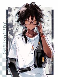 Rule 34 | 1boy, adjusting eyewear, arknights, bag, bespectacled, black-framed eyewear, black hair, chulixun1, closed mouth, dark-skinned male, dark skin, earrings, english text, glasses, gloves, hair between eyes, highres, holding, holding bag, jewelry, long hair, long sleeves, looking at viewer, male focus, necklace, official alternate costume, orange eyes, ponytail, shirt, short hair, short sleeves, simple background, solo, thorns (arknights), thorns (comodo) (arknights), upper body, white background, white shirt, yellow eyes