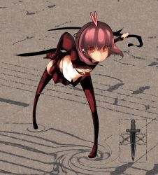 Rule 34 | 1girl, bent over, bodysuit, looking at viewer, outstretched arms, red eyes, shaded face, short hair, sidelocks, skirt, solo, thighhighs, usu