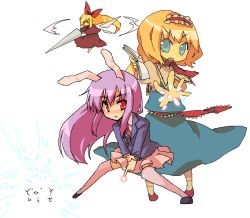 Rule 34 | 2girls, alice margatroid, animal ears, azuma seiji, blue eyes, blush, doll, drill, female focus, formal, full body, long sleeves, looking at viewer, multiple girls, necktie, pink skirt, pleated skirt, purple hair, rabbit ears, red eyes, red necktie, reisen udongein inaba, simple background, size difference, skirt, spinning, suit, touhou, white background