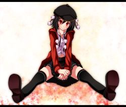 Rule 34 | 1girl, adapted costume, bad id, bad pixiv id, between legs, black hair, black thighhighs, blouse, hair between eyes, hand between legs, highres, hood, hooded track jacket, jacket, letterboxed, looking at viewer, miniskirt, navel, open clothes, red eyes, shameimaru aya, shirt, shoe soles, shoes, short hair, sitting, skirt, slit pupils, smile, solo, spread legs, thighhighs, touhou, track jacket, tsukishiro saika, unbuttoned, white shirt, zettai ryouiki