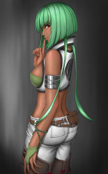 Rule 34 | 1girl, absurdres, arm at side, armband, ass, beef13jerky, blunt bangs, cowboy shot, dark-skinned female, dark skin, emerald sustrai, finger to mouth, fingernails, from side, green hair, highres, long fingernails, looking at viewer, pants, red eyes, rwby, short hair, shushing, smirk, solo, tan