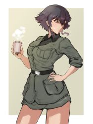 Rule 34 | 10s, 1girl, anzio military uniform, border, braid, breasts, coffee cup, cup, disposable cup, girls und panzer, hand on own hip, highres, medium breasts, mityubi, outside border, pepperoni (girls und panzer), side braid, single braid, sketch, solo, steam, thighs, white border