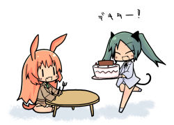 Rule 34 | 2girls, animal ears, cake, cat ears, cat tail, charlotte e. yeager, fang, food, fork, francesca lucchini, knife, long hair, luu, military, military uniform, multiple girls, open mouth, panties, rabbit ears, rabbit girl, strike witches, striped clothes, striped panties, table, tail, twintails, underwear, uniform, world witches series