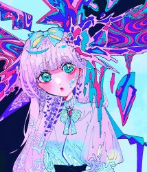 Rule 34 | 1girl, bags under eyes, blue bow, blue eyes, blue ribbon, bow, bright pupils, colorful, crystal, dress, facial tattoo, floral print, hair bow, highres, long hair, looking at viewer, multicolored background, n q, neon palette, open mouth, original, puffy sleeves, red lips, ribbon, solo, tattoo, white dress, white hair, white pupils, yume kawaii