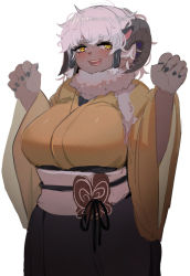 Rule 34 | 1girl, animal ears, at2., breasts, furry, furry female, horns, large breasts, long sleeves, looking at viewer, messy hair, open mouth, original, sheep ears, sheep girl, sheep horns, short hair, smile, solo, teeth, white hair, yellow eyes
