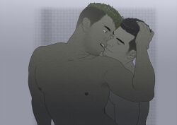 Rule 34 | 2boys, bara, blonde hair, closed eyes, couple, facial hair, hand on another&#039;s head, imminent kiss, large pectorals, male focus, medium sideburns, multicolored hair, multiple boys, muscular, muscular male, nipples, nude, original, pectorals, robomi os, short hair, sideburns stubble, stubble, two-tone hair, undercut, upper body, yaoi