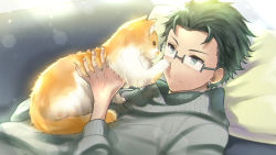 Rule 34 | 1boy, animal, animal on chest, black hair, blurry, bokeh, cat, closed mouth, couch, depth of field, earrings, flipped hair, glasses, hexagon, holding animal, indoors, jewelry, kikuchi mataha, long sleeves, lying, male focus, on back, pillow, semi-rimless eyewear, smile, solo, sweater, vocaloid, wil (vocaloid), zola project