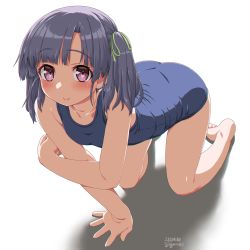 Rule 34 | 1girl, all fours, ass, barefoot, blunt bangs, dated, dd (ijigendd), flat chest, grey hair, grey one-piece swimsuit, highres, kantai collection, one-piece swimsuit, ooshio (kancolle), school swimsuit, short hair, short twintails, simple background, smile, solo, swimsuit, twintails, white background