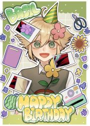Rule 34 | 1boy, alternate eye color, basil (faraway) (omori), basil (omori), blonde hair, blush, bright pupils, camera, flower, flower pot, food, fruit, green eyes, green sweater vest, grhm 0418, hair flower, hair ornament, happy birthday, hat, highres, holding, holding flower pot, looking at viewer, omori, open mouth, party hat, plant, potted plant, shirt, short hair, short sleeves, smile, solo, spoilers, sweater vest, upper body, watermelon, white pupils, white shirt