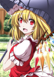 Rule 34 | 1girl, blonde hair, blouse, dress, fangs, flandre scarlet, frilled umbrella, frills, hair between eyes, hat, highres, holding, holding umbrella, looking at viewer, mob cap, nori tamago, open mouth, outdoors, parasol, puffy short sleeves, puffy sleeves, red dress, red eyes, sash, shirt, short hair, short sleeves, smile, solo, touhou, umbrella, white shirt, wings