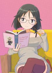 Rule 34 | 1girl, bandaid, bandaid on face, bare shoulders, black hair, black thighhighs, blue eyes, blush, book, brave witches, breasts, collarbone, glasses, highres, kanno naoe, keicha (kmoekaki), reading, shiny skin, short hair, sitting, small breasts, smile, solo, sweater, thighhighs, waltrud krupinski, world witches series