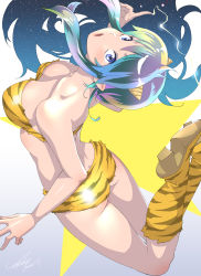Rule 34 | 1girl, animal print, arched back, bikini, blue eyes, breasts, commentary, cone horns, from behind, green hair, highres, horns, index finger raised, kotoyoshi yumisuke, looking at viewer, lum, medium breasts, open mouth, solo, strapless, strapless bikini, swimsuit, symbol-only commentary, tiger print, urusei yatsura, yellow bikini, yellow footwear