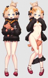 Rule 34 | abigail williams (fate), abigail williams (traveling outfit) (fate), alphy, blonde hair, blue eyes, bow, colored skin, crossed bandaids, fate/grand order, fate (series), forehead, hair bun, highres, holding, holding stuffed toy, jacket, long hair, no panties, hugging object, official alternate costume, orange bow, parted bangs, single hair bun, skirt, skirt around one leg, sleeves past fingers, sleeves past wrists, stuffed animal, stuffed toy, teddy bear, white skin