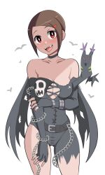 Rule 34 | 1girl, belt, chain, corruption, cosplay, digimon, digimon adventure 02, ladydevimon, ladydevimon (cosplay), looking at viewer, pabsmikan, short hair, smile, solo, tailmon, tight clothes, yagami hikari