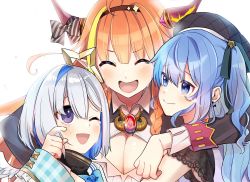 Rule 34 | 3girls, ahoge, amane kanata, angel, beret, blonde hair, blue hair, blue neckwear, blunt bangs, bow, bowtie, braid, breasts, cleavage, cleavage cutout, closed mouth, clothing cutout, colored inner hair, commentary request, crying, crying with eyes open, diagonal-striped bow, doukyo&#039;s, dragon girl, dragon horns, earrings, feathered wings, hair ornament, hair over one eye, hairband, halo, hat, highres, hololive, horn bow, horn ornament, horns, hoshimachi suisei, hoshimachi suisei (casual), jewelry, kiryu coco, kiryu coco (1st costume), large breasts, long hair, long sleeves, multicolored hair, multiple girls, open mouth, pink hair, purple eyes, shinomiya shino (sinosino141), short hair, side braid, side ponytail, silver hair, smile, star (symbol), star halo, star in eye, streaked hair, striped, striped bow, symbol in eye, tears, turtleneck, virtual youtuber, wavy hair, white wings, wings, wiping tears