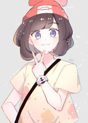 Rule 34 | 1girl, beanie, blush, bracelet, brown hair, closed mouth, commentary, creatures (company), eyelashes, game freak, grey background, grey eyes, hand up, hat, highres, jewelry, looking at viewer, nintendo, pokemon, pokemon sm, red hat, selene (pokemon), shirt, short hair, short sleeves, signature, simple background, smile, solo, strap, t-shirt, tere asahi, v, yellow shirt, z-ring