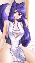 Rule 34 | 1girl, absurdres, animal ears, arm behind head, bed, bedroom, breasts, cat ears, cat girl, cleavage, dress, fluffy, glasses, glitter, highres, large breasts, large tail, looking at viewer, original, piercing, pink eyes, purple hair, simple background, smile, tail, takie arts, thick thighs, thighs