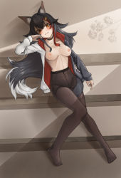 Rule 34 | 1girl, animal ears, breasts, cameltoe, fang, feet, highres, hololive, hood, hoodie, medium breasts, modagitbi, nipples, no panties, no shoes, ookami mio, open clothes, orange eyes, pantyhose, solo, tail, virtual youtuber, wolf ears, wolf girl, wolf tail