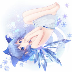 Rule 34 | 1girl, bad id, bad pixiv id, barefoot, bloomers, blue eyes, blue hair, cirno, covering own mouth, feet, ice, ice wings, looking at viewer, matching hair/eyes, navel, nunucco, short hair, snowflakes, solo, topless, touhou, underwear, underwear only, upside-down, white bloomers, wings