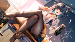 Rule 34 | 1girl, :d, alternate costume, azur lane, bell, black bag, black footwear, black pantyhose, blue bow, blue bowtie, blue eyes, blue hair, blush, bow, bowtie, breasts, cheshire (azur lane), choker, cleavage, collared shirt, commentary request, crossed legs, desk, feet, full body, hands up, heart, heart-shaped pupils, highres, holding, holding shoes, jewelry, large breasts, manjuu (azur lane), meion, multicolored hair, nail polish, necklace, open mouth, orange scrunchie, pantyhose, scrunchie, shirt, shoes, unworn shoes, short hair, short sleeves, sitting, smile, soles, solo, streaked hair, symbol-shaped pupils, thighs, toes, white shirt, wrist scrunchie