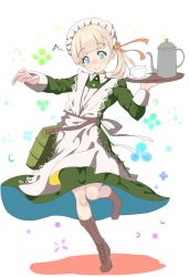 Rule 34 | 1girl, alternate costume, apron, bag, blonde hair, blue eyes, blunt bangs, boots, brown footwear, commentary request, cross-laced footwear, cup, dress, enmaided, floral background, frilled apron, frills, full body, green dress, hair ornament, hair ribbon, inu3, kantai collection, lace-up boots, long hair, looking at viewer, maid, pitcher (container), ribbon, shin&#039;you (kancolle), side ponytail, smile, solo, tray, white apron, white background