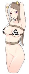 Rule 34 | 1girl, animal print, armpits, bikini, black bikini, blush, bottomless, breasts, brown hair, cow horns, cow print, cowboy shot, embarrassed, grey hair, hands up, heterochromia, horns, large breasts, legs together, lifted by self, long hair, long image, looking at viewer, mouth hold, multicolored hair, navel, nezuko, original, purple eyes, red eyes, rope, simple background, solo, strap lift, string bikini, swimsuit, tall image, two-tone hair, untied bikini, white background