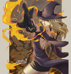 Rule 34 | 1girl, bare shoulders, bula, detached sleeves, fire, fire, gloves, halterneck, hat, highres, magic, miniskirt, original, outstretched arm, shoulder blades, skirt, solo, staff, thighhighs, wide sleeves, witch, witch hat, yellow eyes, zettai ryouiki