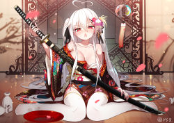 Rule 34 | 1girl, ahoge, alcohol, breasts, brown kimono, commentary request, cup, floral print, flower, hair between eyes, hair flower, hair ornament, heart, heart-shaped pupils, heart ahoge, highres, holding, holding sheath, holding sword, holding weapon, japanese clothes, katana, kimono, large breasts, long hair, looking at viewer, niliu chahui, obi, off shoulder, open mouth, original, petals, print kimono, qys3, red eyes, red ribbon, revision, ribbon, sakazuki, sake, sash, sheath, sheathed, signature, sitting, solo, sword, symbol-shaped pupils, thighhighs, tokisaki mio (niliu chahui), two side up, very long hair, wariza, weapon, white hair, white thighhighs, wind chime, wooden floor