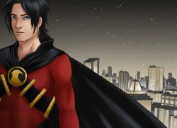 Rule 34 | 1boy, bandoliers, batman (series), blue eyes, cape, city, dc comics, emblem, looking at viewer, male focus, night, pole, red robin, red shirt, shirt, solo, tim drake, weapon