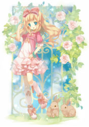 Rule 34 | 1girl, player character (mabinogi), blonde hair, bow, dress, flower, hair bow, long hair, mabinogi, nyo nyo (mammal), pink flower, pink rose, rabbit, rose, solo
