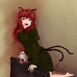 Rule 34 | 1girl, alternate hairstyle, animal ears, barefoot, brown eyes, brown hair, cat ears, cat girl, cat tail, female focus, gradient background, hair down, kaenbyou rin, katoreppu, messy hair, multiple tails, open mouth, simple background, skull, solo, tail, touhou
