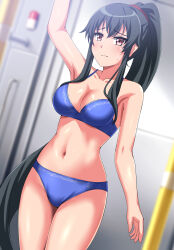 Rule 34 | 1girl, absurdres, black hair, blue bra, blue panties, bra, commentary request, commission, cowboy shot, dutch angle, highres, kantai collection, long hair, panties, pixiv commission, ponytail, red eyes, see-through, solo, standing, train interior, underwear, underwear only, yahagi (kancolle), zanntetu