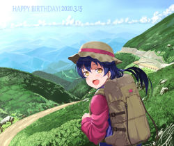Rule 34 | 1girl, artist name, artist request, backpack, bag, blue hair, blue sky, blue vest, blush, cloud, cowboy shot, dated, day, female focus, hair between eyes, hat, holding, jyon, long hair, long sleeves, looking at viewer, looking back, love live!, love live! school idol festival, love live! school idol project, mountain, mountainous horizon, outdoors, purple shirt, river, shirt, sky, smile, solo, sonoda umi, standing, vest, yellow eyes