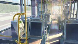 Rule 34 | absurdres, artist name, bus interior, commentary, day, english commentary, english text, fire extinguisher, highres, no humans, original, plant, road, scenery, seat, shade, sky, sunlight, tree, xiaoke
