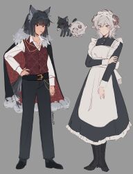 Rule 34 | absurdres, aiguillette, animal ears, apron, black dress, black footwear, black pants, blue eyes, boots, cheromo159, dress, faust (project moon), full body, grey background, highres, horns, limbus company, long sleeves, maid, maid headdress, pants, project moon, red vest, ryoshu (project moon), sheep ears, sheep horns, sheep tail, shirt, shoes, short hair, simple background, tail, vest, white apron, white hair, white shirt, wolf ears, wolf tail