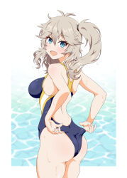 Rule 34 | 1girl, absurdres, adjusting clothes, adjusting swimsuit, antenna hair, ass, blue eyes, blue one-piece swimsuit, commentary request, competition swimsuit, cowboy shot, from behind, grey hair, highres, kasukabe tsumugi, long hair, looking at viewer, looking back, messy hair, multicolored clothes, multicolored swimsuit, one-piece swimsuit, ponytail, solo, standing, swimsuit, usazirou539, voicevox, water