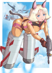 Rule 34 | 1girl, absurdres, animal ears, ass, beam rifle, blonde hair, blue eyes, cat ears, energy gun, gundam, highres, k katora, looking at viewer, mobile suit gundam, normal suit, sayla mass, short hair, sky, smile, strike witches, strike witches: aurora no majo, strike witches: suomus misfits squadron, striker unit, weapon, white base, world witches series