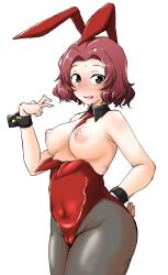 Rule 34 | 1girl, blush, breasts, brown eyes, cameltoe, cleft of venus, girls und panzer, kami ryuoo, large breasts, leotard, leotard pull, looking at viewer, nipples, open mouth, pantyhose, playboy bunny, red hair, rosehip (girls und panzer), solo, sweat