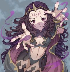 Rule 34 | 1girl, blue panties, bodystocking, breasts, cape, circlet, facial mark, fire emblem, fire emblem fates, long hair, looking at viewer, midriff, mojakkoro, nail polish, navel, nintendo, nyx (fire emblem), open mouth, outstretched arms, panties, pantyhose, purple nails, red eyes, see-through, small breasts, underwear, veil, very long hair
