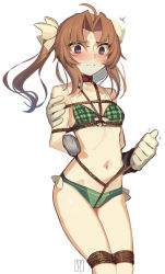 Rule 34 | 1girl, ahoge, arms behind back, bdsm, bondage, bound, bound arms, bound legs, bra, breast bondage, breasts, brown hair, cad (caddo), crotch rope, gloves, green bra, green panties, hair ribbon, highres, kagerou (kancolle), kagerou kai ni (kancolle), kantai collection, navel, panties, purple eyes, ribbon, rope, shibari, shibari over clothes, small breasts, solo focus, twintails, underwear, underwear only, white gloves, white ribbon