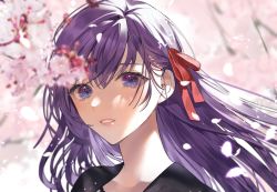 Rule 34 | 1girl, black sailor collar, blurry, blurry background, blurry foreground, cherry blossoms, collarbone, fate/stay night, fate (series), hair ribbon, looking at viewer, matou sakura, parted lips, petals, portrait, red ribbon, ribbon, sailor collar, shimatori (sanyyyy), smile, solo, teeth