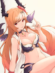 Rule 34 | 1girl, :p, arm support, bad id, bad pixiv id, black choker, breasts, choker, cleavage, commentary request, dark angel olivia, flower, food, granblue fantasy, hair flower, hair ornament, highres, horns, index finger raised, koretsuki azuma, looking at viewer, medium breasts, navel, olivia (summer) (granblue fantasy), popsicle, red eyes, shingeki no bahamut, simple background, sitting, solo, swimsuit, tongue, tongue out, wings, yellow background