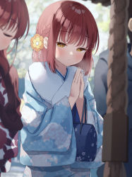 Rule 34 | 1boy, 2girls, bag, blue kimono, blush, braid, closed eyes, closed mouth, commentary request, floral print, flower, fur collar, hair flower, hair ornament, highres, japanese clothes, kimono, multiple girls, muninshiki, older twin sister (muninshiki), original, out of frame, own hands together, praying, print kimono, red hair, red kimono, upper body, yellow eyes, younger twin sister (muninshiki)