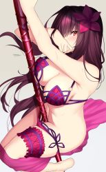Rule 34 | 1girl, bare shoulders, between legs, bikini, breasts, cleavage, commentary request, fate/grand order, fate (series), flower, gae bolg (fate), grey background, hair flower, hair ornament, hibiscus, highres, hip focus, large breasts, bridal garter, long hair, nebusoku, pink bikini, purple hair, red eyes, sarong, scathach (fate), scathach (fate), scathach (swimsuit assassin) (fate), signature, simple background, solo, swimsuit, thighs